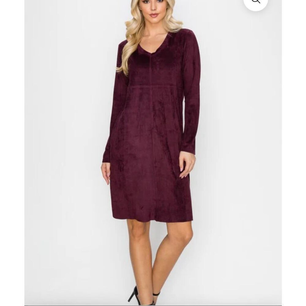Joh Apparel Aurora Burgundy Suede Feed V-Neck Dress w/ Pockets sz XS NWT